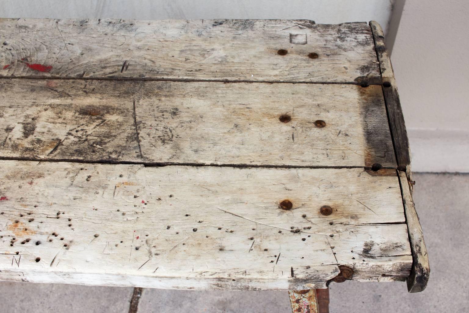 Rustic Antique Bleached Wood & Metal French Work Table  5