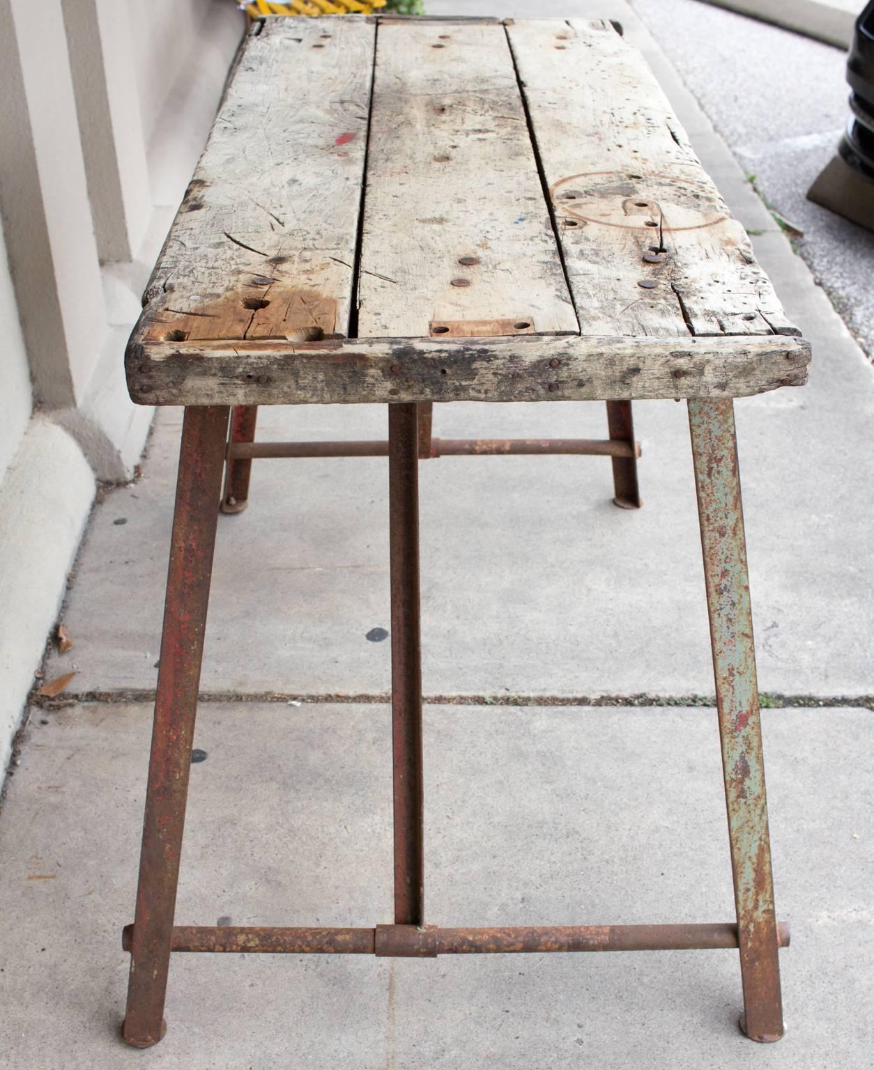Rustic Antique Bleached Wood & Metal French Work Table  In Distressed Condition In Houston, TX