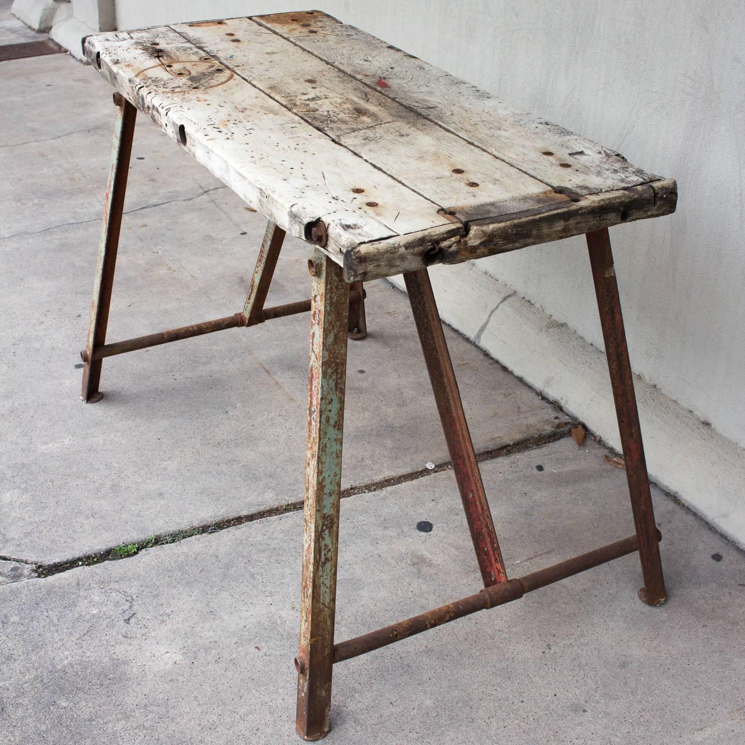 20th Century Rustic Antique Bleached Wood & Metal French Work Table 