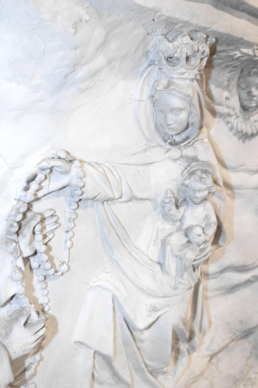 19th Century Antique Belgian Altarpiece Plaster Relief of Saint Dominic, Rosary, Mary & Jesus