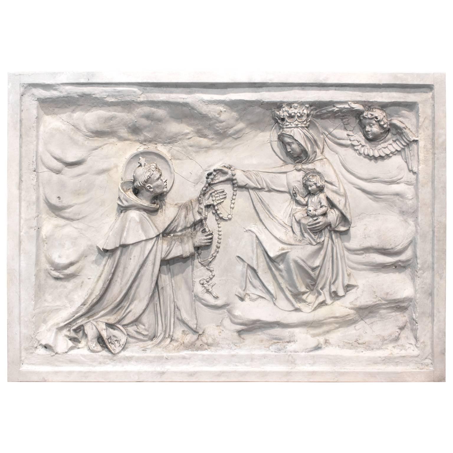 Antique Belgian Altarpiece Plaster Relief of Saint Dominic, Rosary, Mary & Jesus