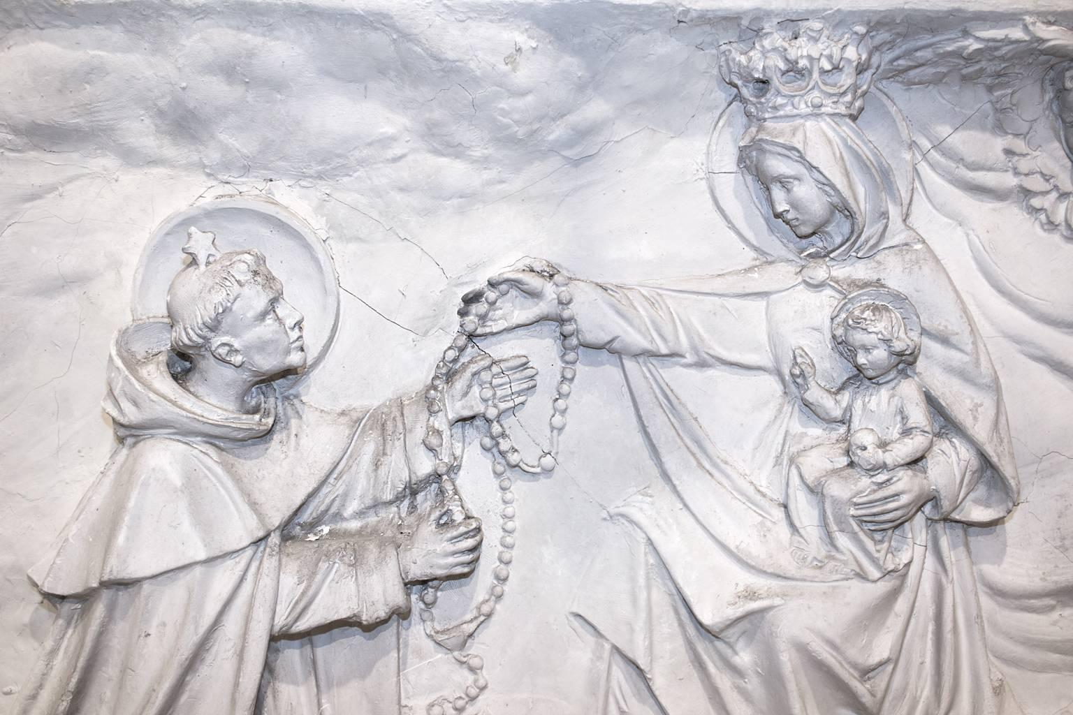 Antique Belgian Altarpiece Plaster Relief of Saint Dominic, Rosary, Mary & Jesus In Fair Condition In Houston, TX