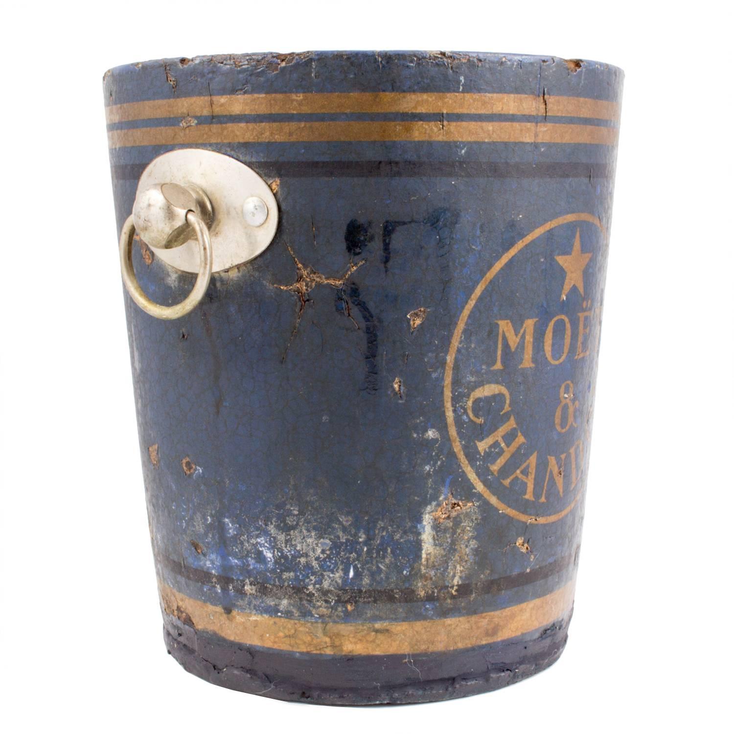 Truly one of our most fabulous finds on our most recent trip to France, this antique Moët & Chandon champagne bucket is actually papier mâché and dates to as early as the 1860s. The first blue label vintage was made by Moët & Chandon in 1861.