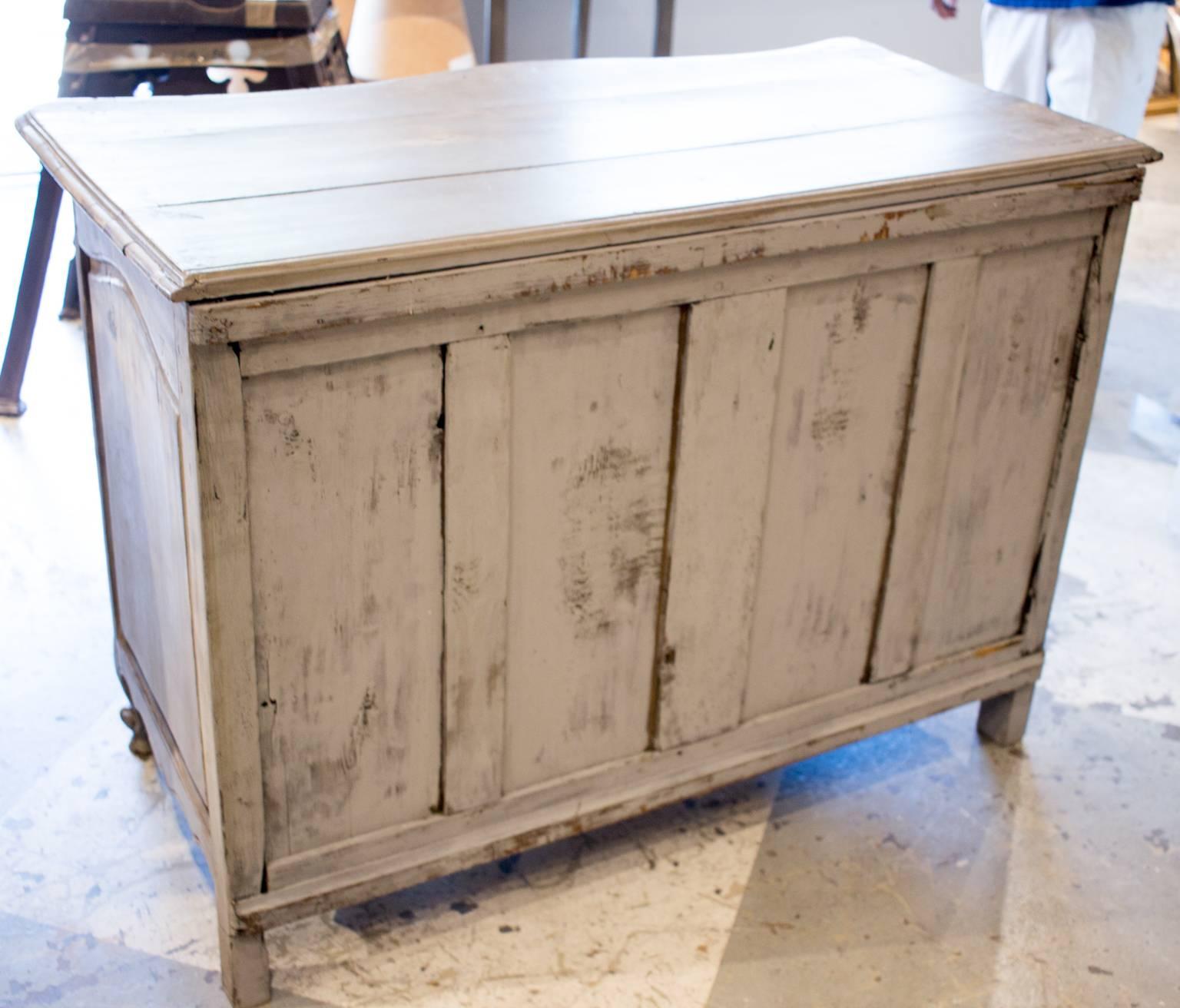 Antique French Wood Dresser in Gray Distressed Finish with Brass Hardware In Distressed Condition In Houston, TX