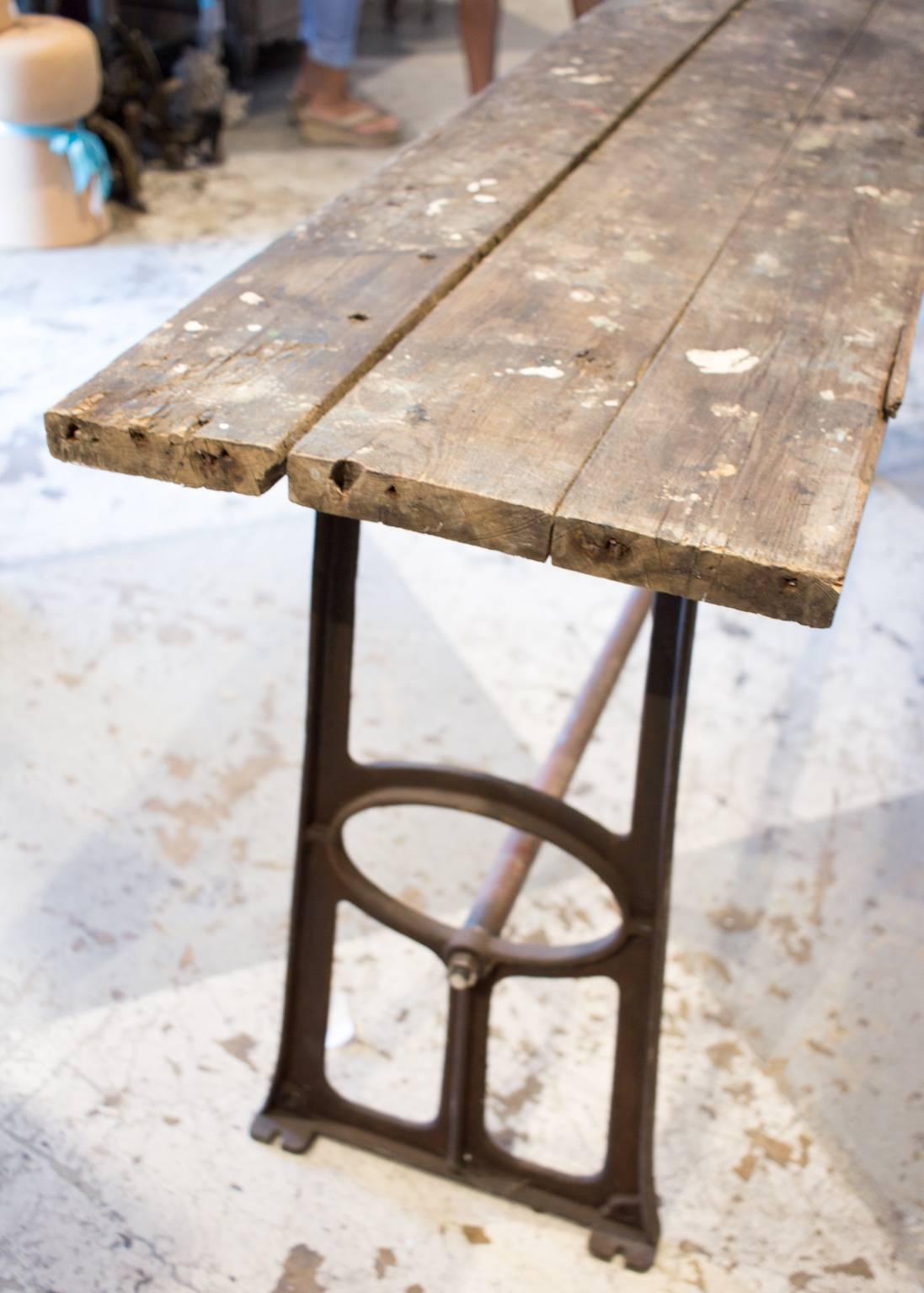20th Century Large Distressed 1940s French Console Table Crafted of Wood and Iron
