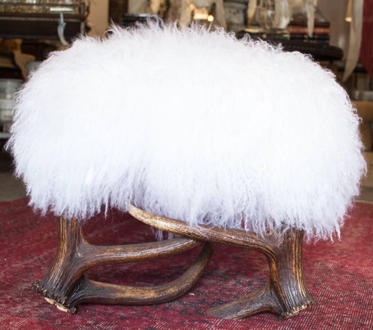 Contemporary Habsburg Red Stag Antler Bench with White Tibetan Lamb Fur Seat