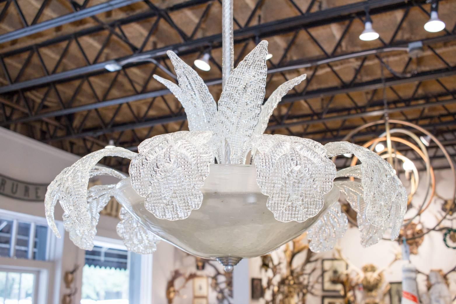 Embossed Midcentury Murano Glass Chandelier with Leaf and Palm Fronds