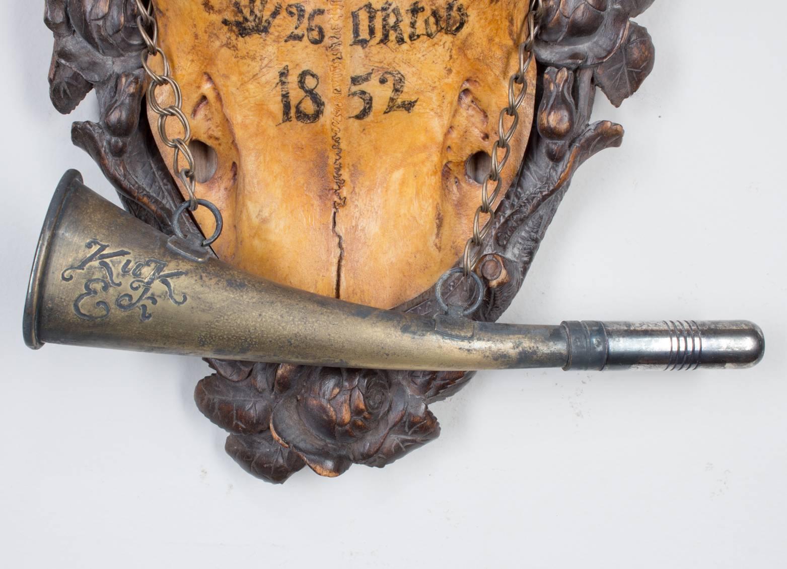 Hand-Carved 19th Century Austrian Red Stag Trophy of Emperor Franz Josef, Original Hunt Horn