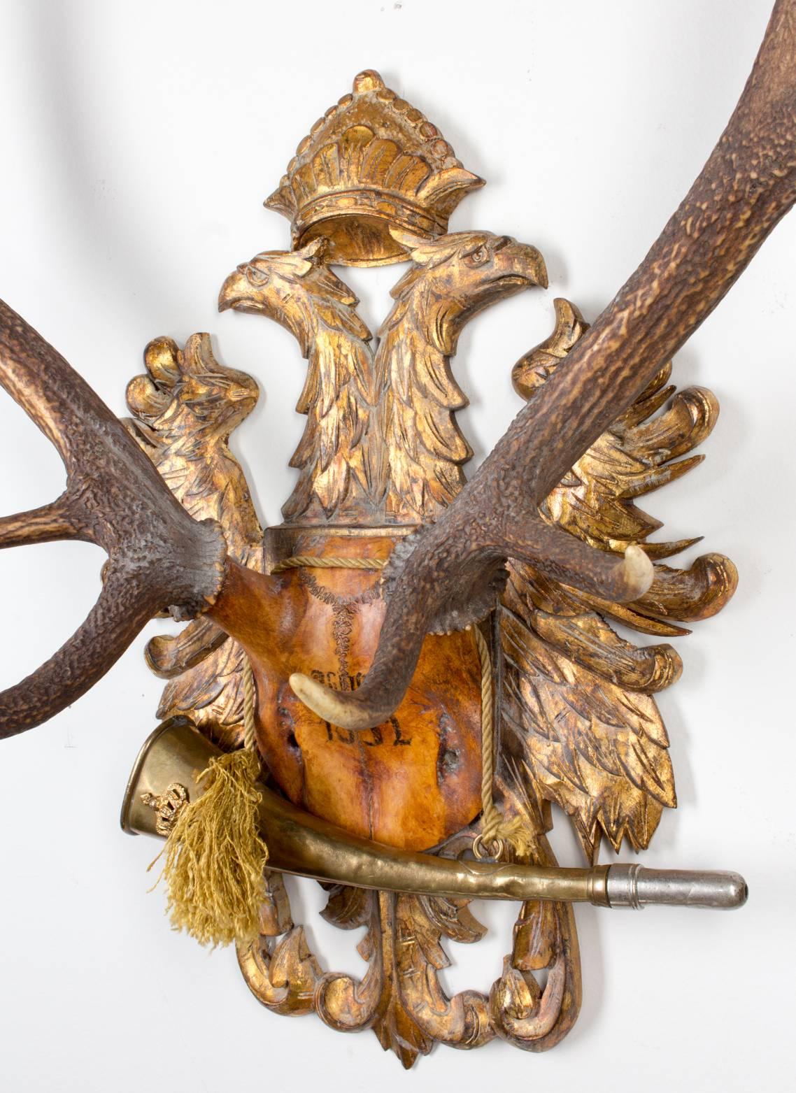 Brass Austrian Red Stag Trophy on Gilt Eagle Plaque with Original Hunt Horn