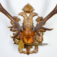 Austrian Red Stag Trophy on Gilt Eagle Plaque with Original Hunt Horn