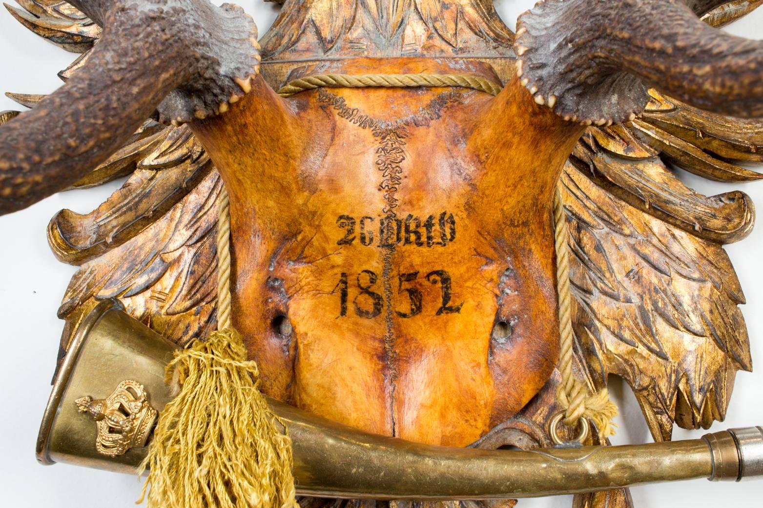 Black Forest Austrian Red Stag Trophy on Gilt Eagle Plaque with Original Hunt Horn