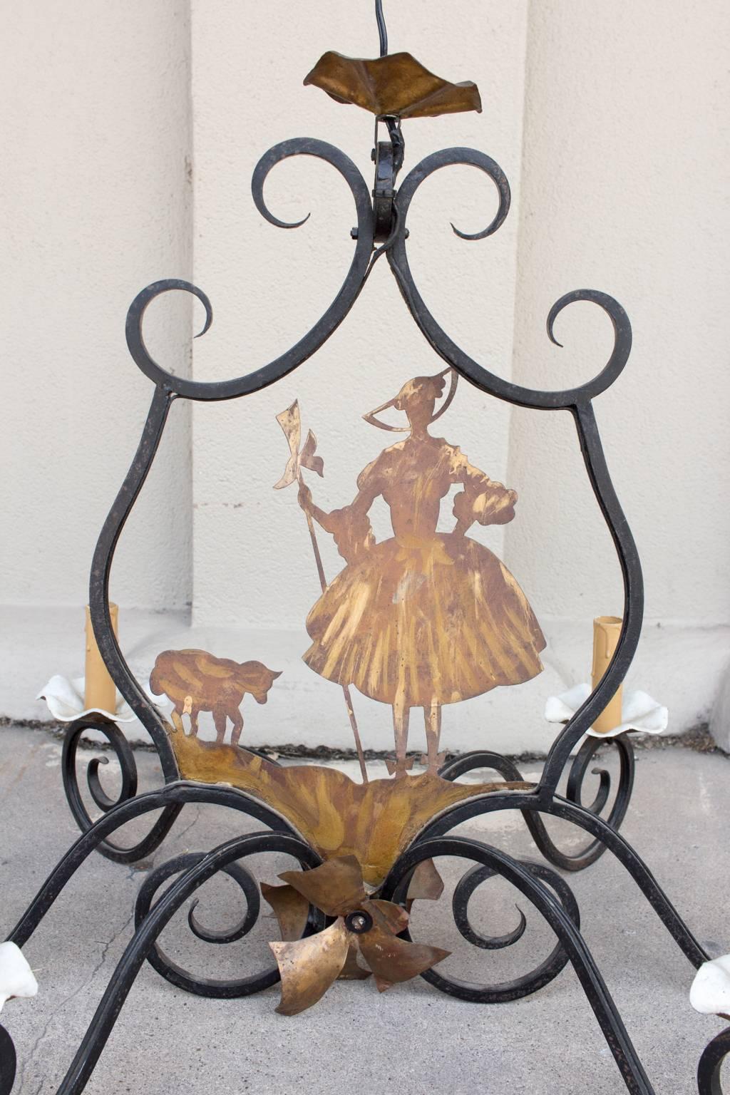 20th Century Antique French Iron and Brass Little Bo Peep Chandelier For Sale
