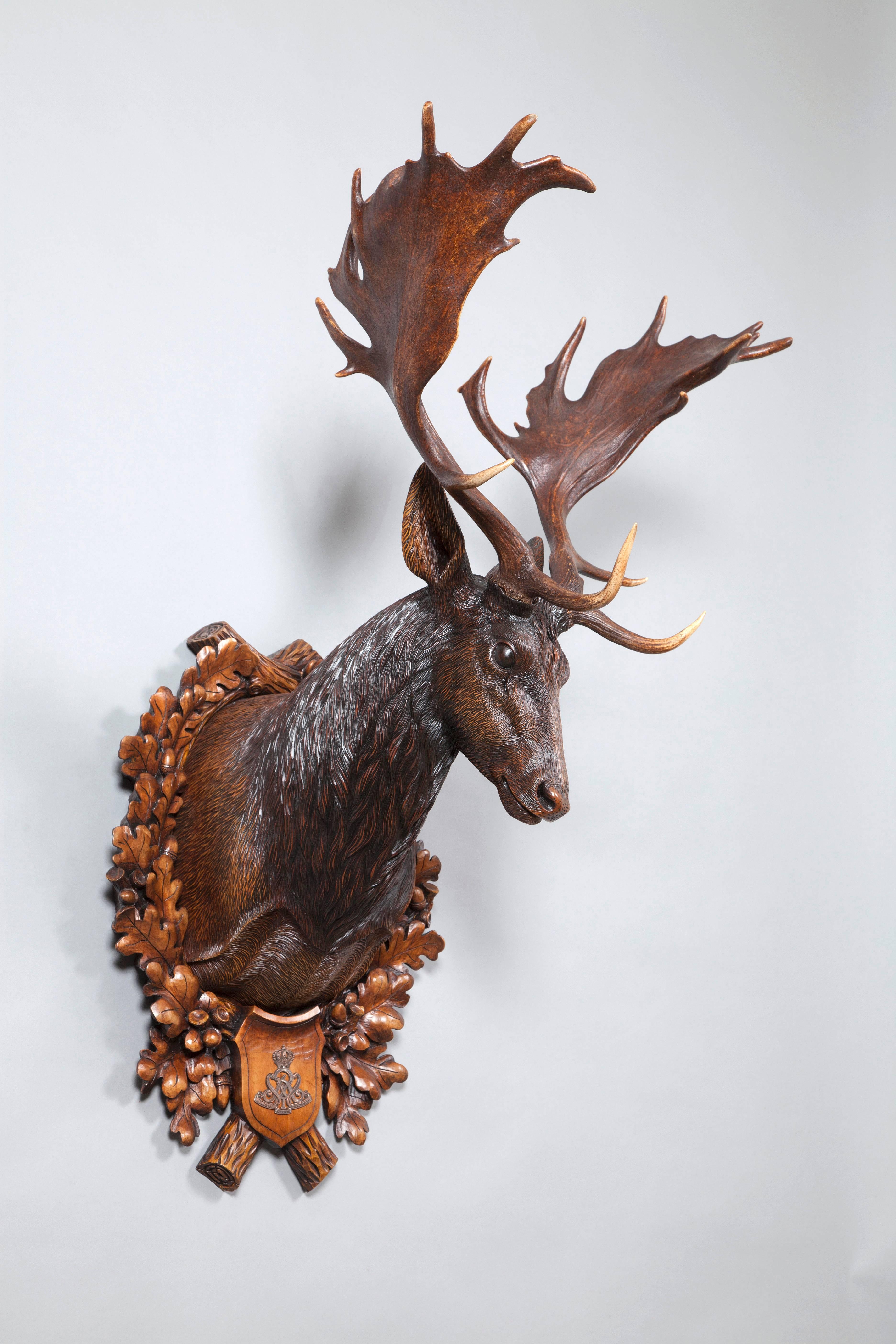 19th Century Hand-Carved Fallow Deer Pair Originating from Eckartsau Castle, Austria