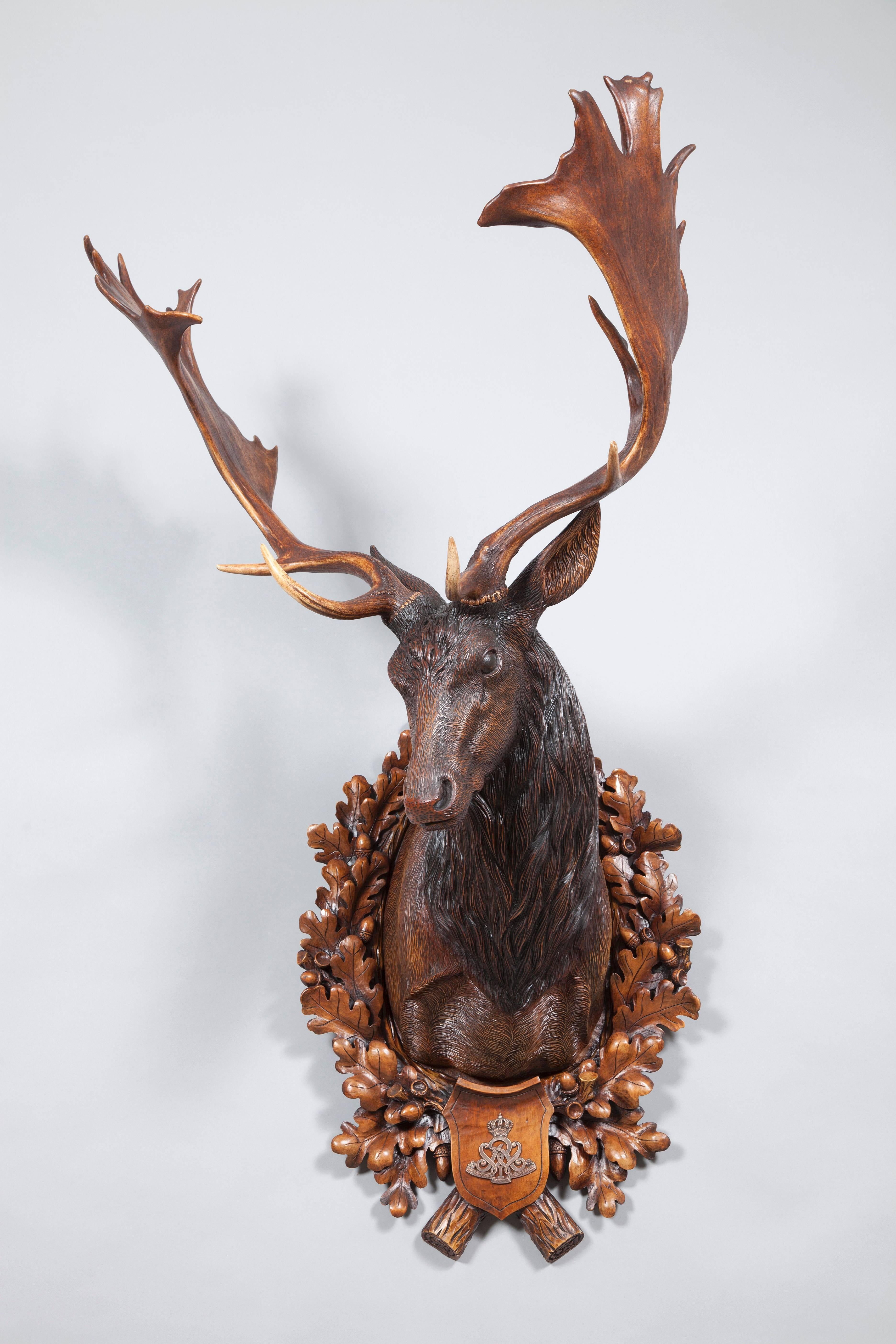 Austrian Hand-Carved Fallow Deer Pair Originating from Eckartsau Castle, Austria