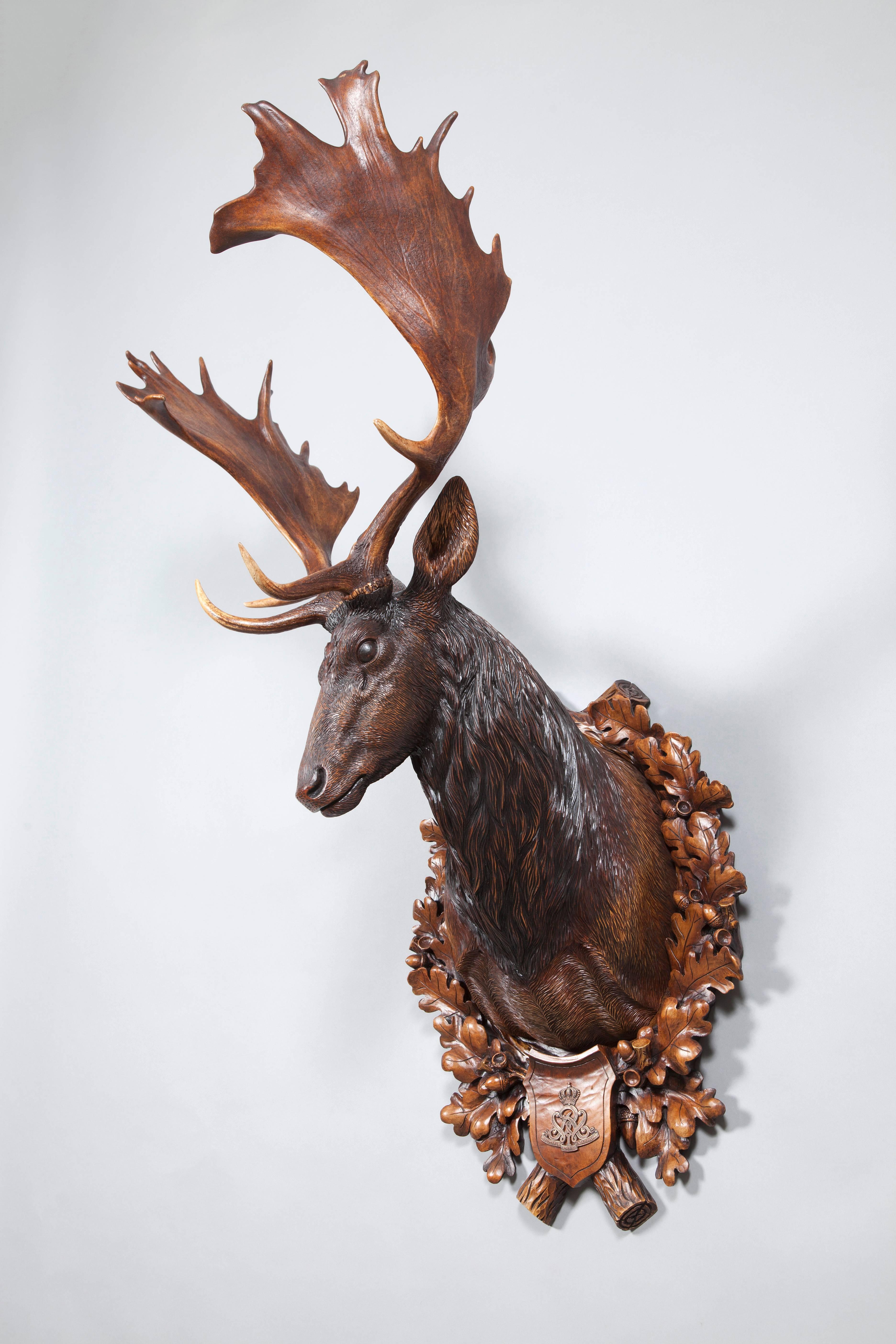 Wood Hand-Carved Fallow Deer Pair Originating from Eckartsau Castle, Austria
