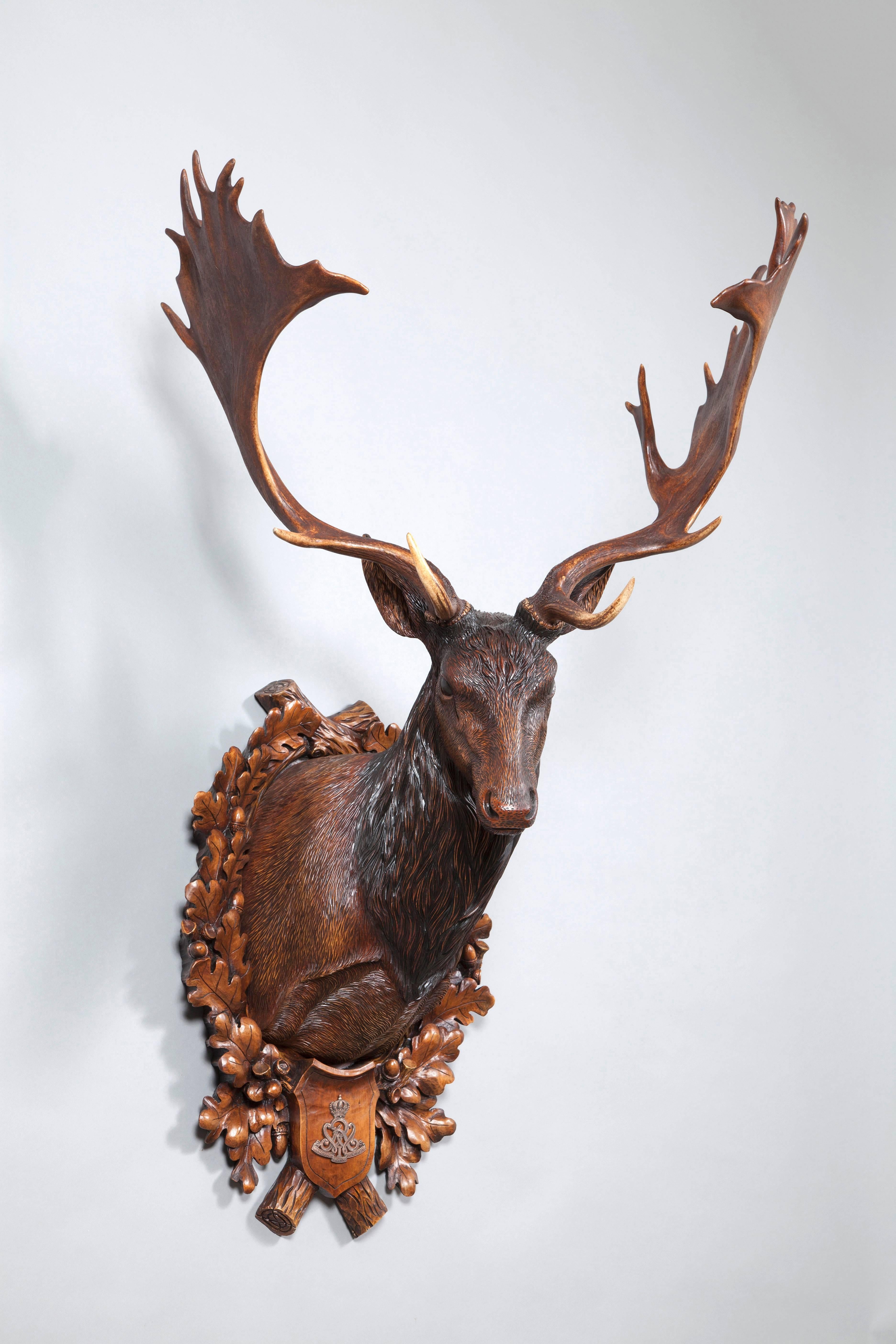 Black Forest Hand-Carved Fallow Deer Pair Originating from Eckartsau Castle, Austria