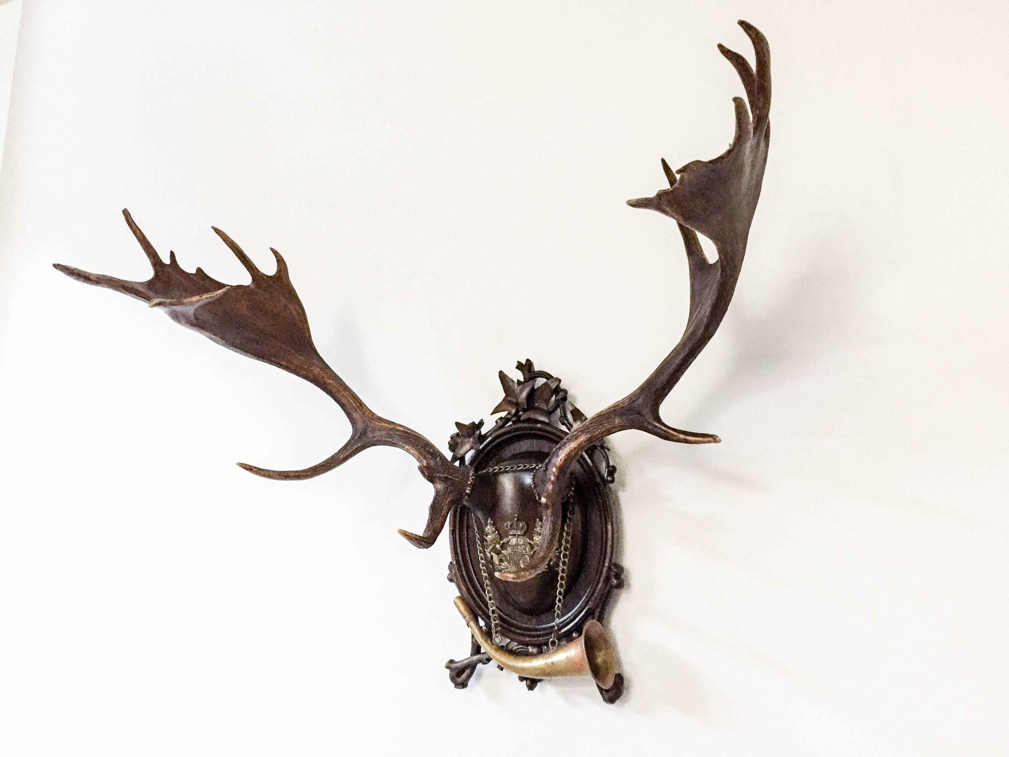 Black Forest 19th Century Hand-Carved Habsburg Fallow Deer and Brass Hunting Horn