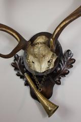 Historic Fallow Deer on Original Black Forest Plaque and 19th Century Hunt Horn