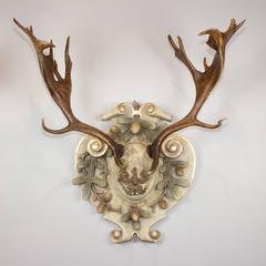 19th Century Austrian Fallow Deer from Eckartsau Castle on Hand-Carved Plaque