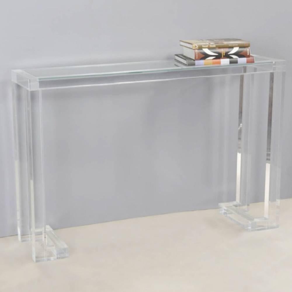 Acrylic and glass console brings sophistication and excitement to a transitional environment. This design looks great as an addition to almost any aesthetic with a pop of modern.

Measures: 32