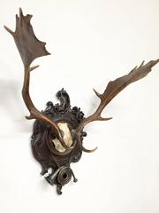 19th Century Fallow Trophy on Black Forest Plaque with Hunt Horn