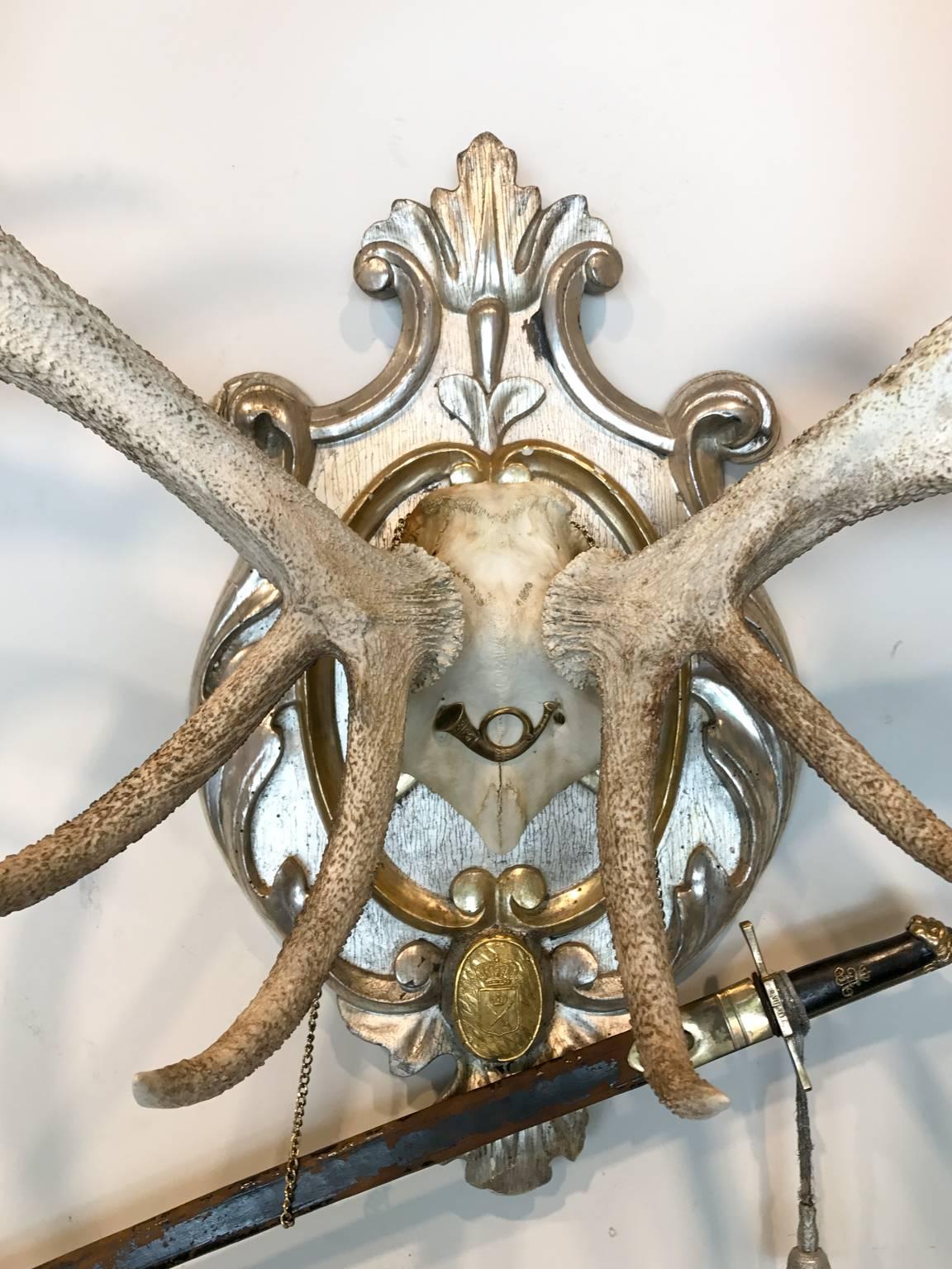 An exquisite 19th century Red Stag hunting trophy believed to be taken by Frederick II, the Grand Duke of Baden, Germany.  Frederick Augustus II was also known as the Grand Duke of Oldenburg.  The mount sports his personal wappen and his personal