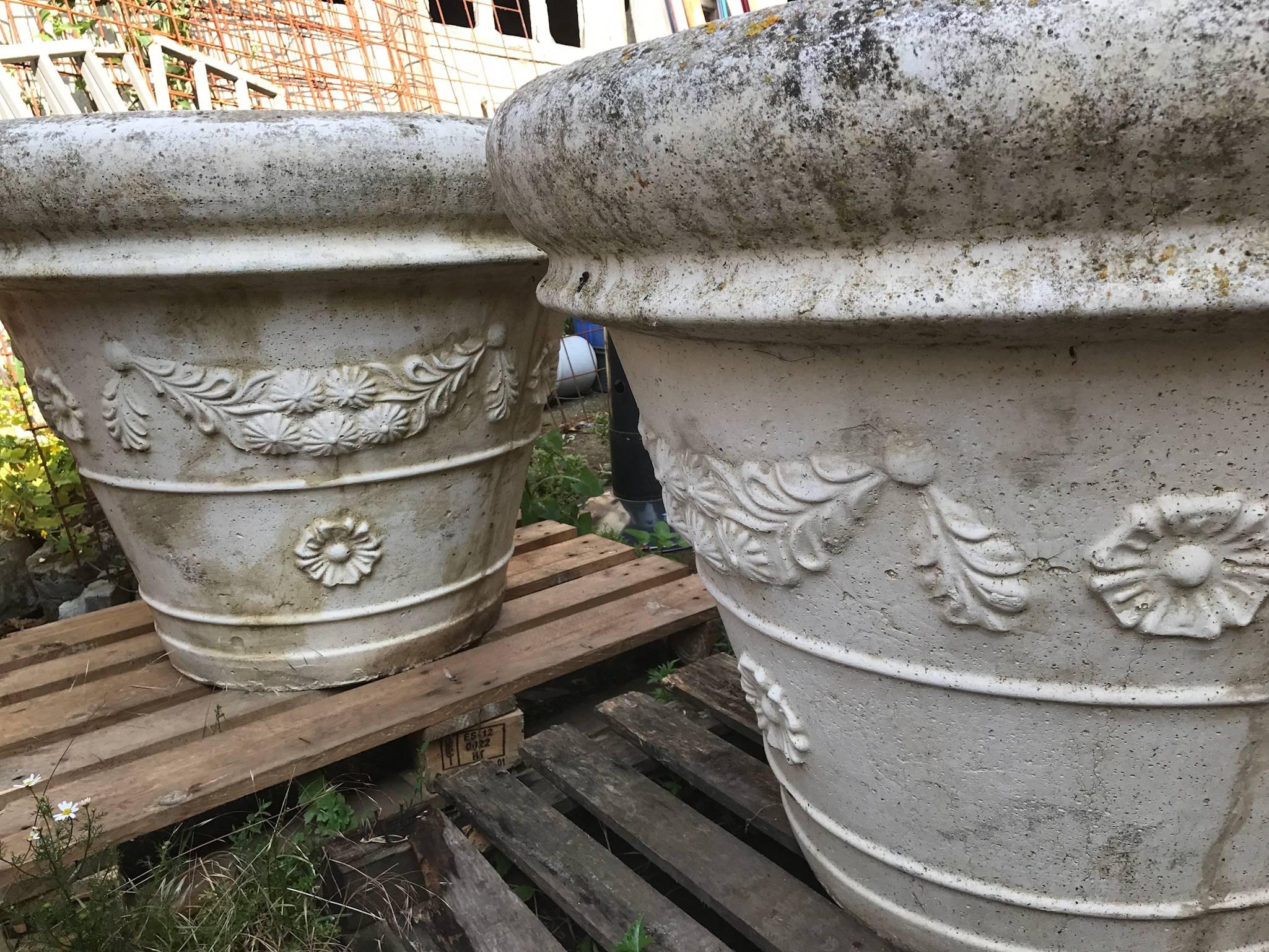 Victorian Large Pair of French Cast Stone Planters with Floral Wreath Swag Detail