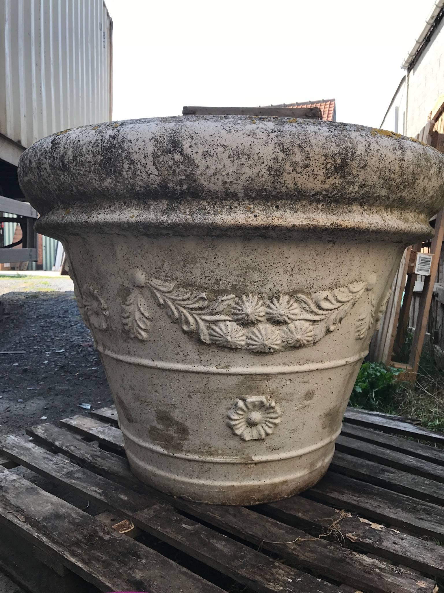 20th Century Large Pair of French Cast Stone Planters with Floral Wreath Swag Detail