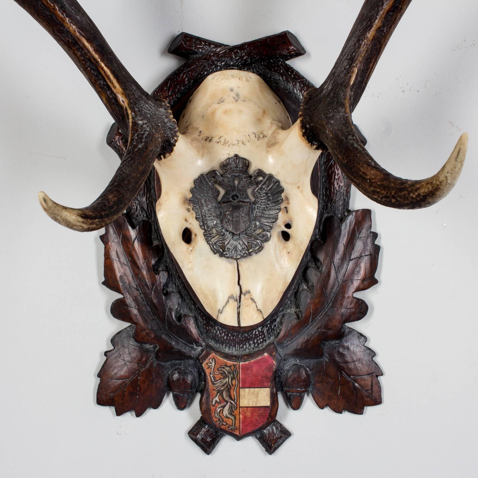 19th century Austrian red stag on original Black Forest carved plaque that hung in Emperor Franz Joseph's castle at Eckartsau in the Southern Austrian Alps. Eckartsau was a favorite hunting schloss of the Habsburg family. The plaque itself is