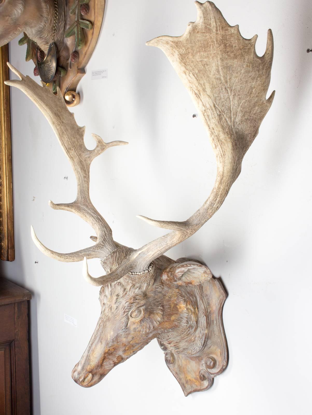 Terracotta Faux Bois Fallow Trophy with Antique Habsburg Antlers from Austria In Excellent Condition In Houston, TX