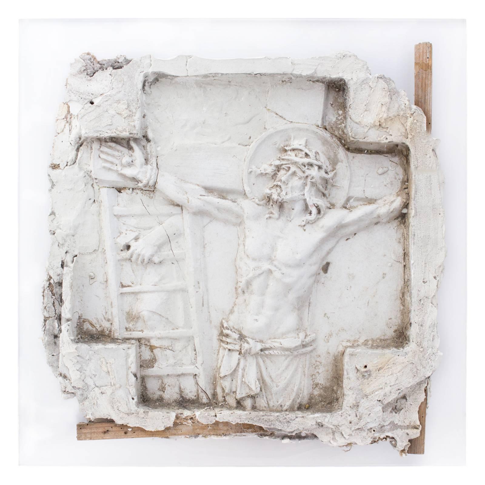 Truly a very special one of a kind religious piece, this large plaster relief features a representation of Christ and is believed to be a scene depicted from the stations of the cross and is believed to have originally been crafted in the early