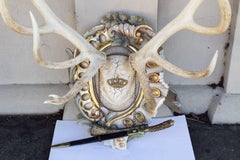 Bleached Habsburg Red Stag Antlers on Rococo Plaque with Kaiser & King Hunt Horn