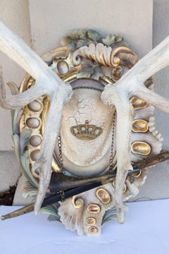 Bleached Habsburg Red Stag Antlers on Rococo Plaque with Kaiser & King Hunt Horn