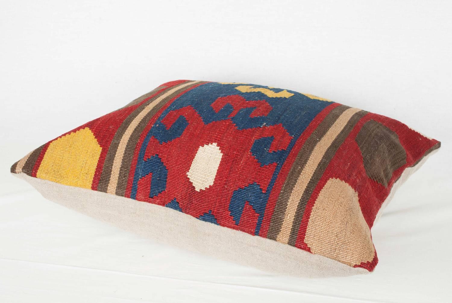 Wool Antique Shahsevan Kilim Flat-Woven Pillow, Azerbaijan, 19th Century For Sale