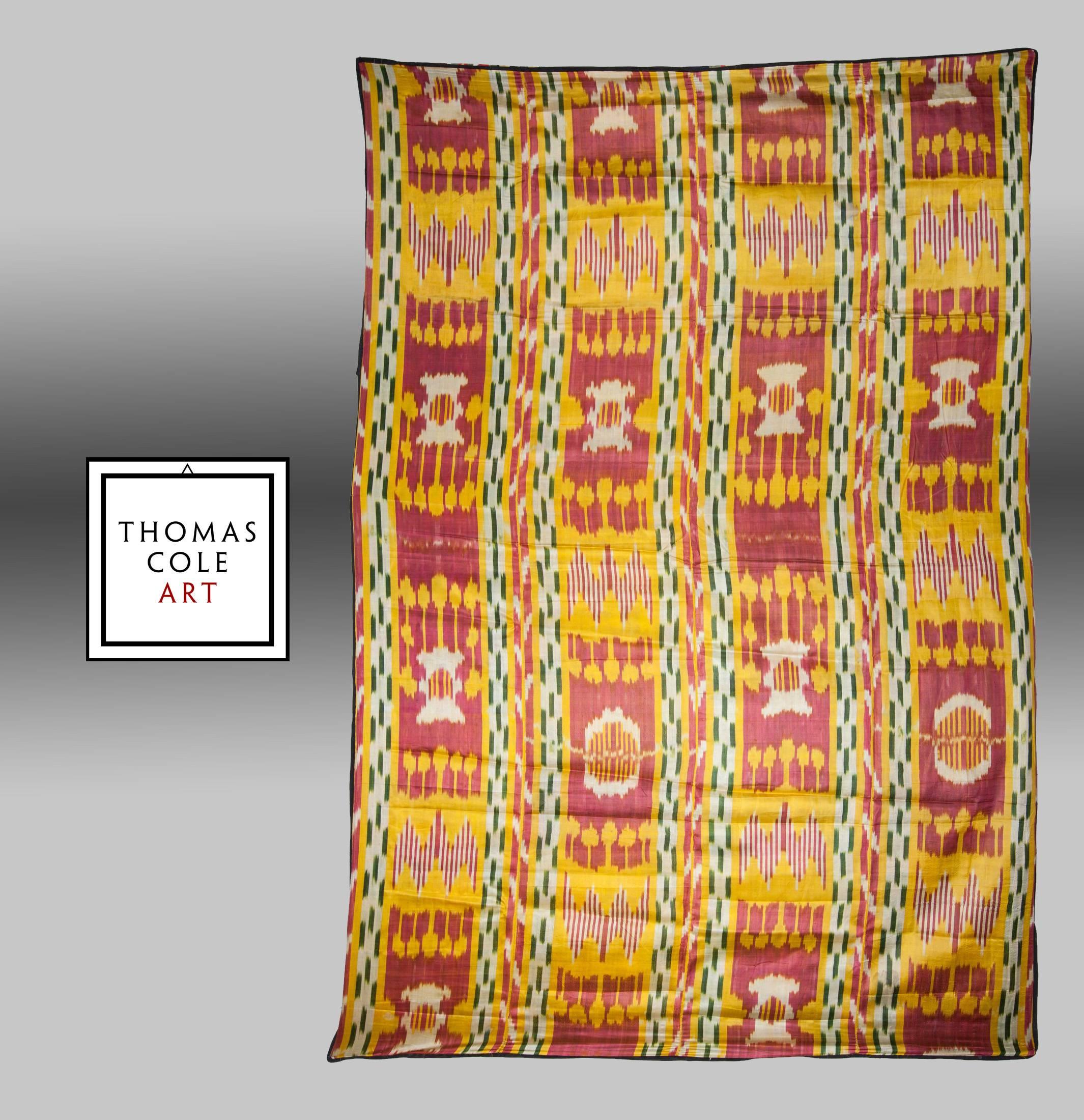 The process of Ikat weaving is fascinating as each individual silk thread is dyed before the weaving process. The strands of silk are tied off and dip dyed in different dye baths, yielding multiple colors on a single strand of silk. Upon weaving,