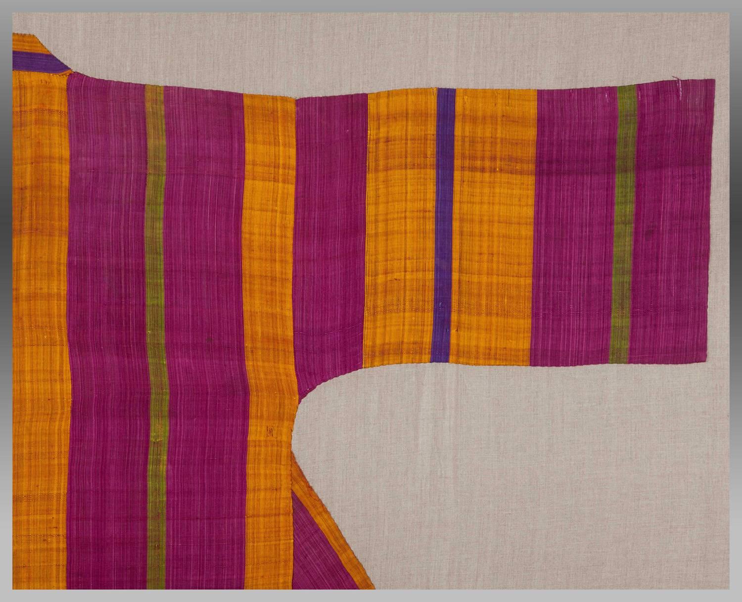 Woven Uzbek Silk Coat, Appliqued on Linen for Display, Central Asia, circa 1910 For Sale