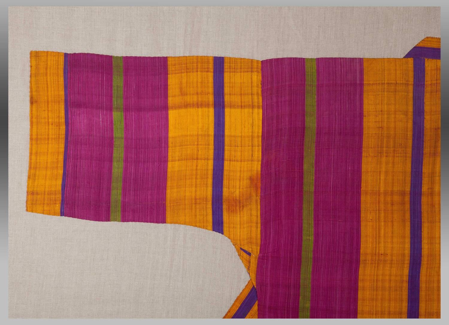 Tribal Uzbek Silk Coat, Appliqued on Linen for Display, Central Asia, circa 1910 For Sale