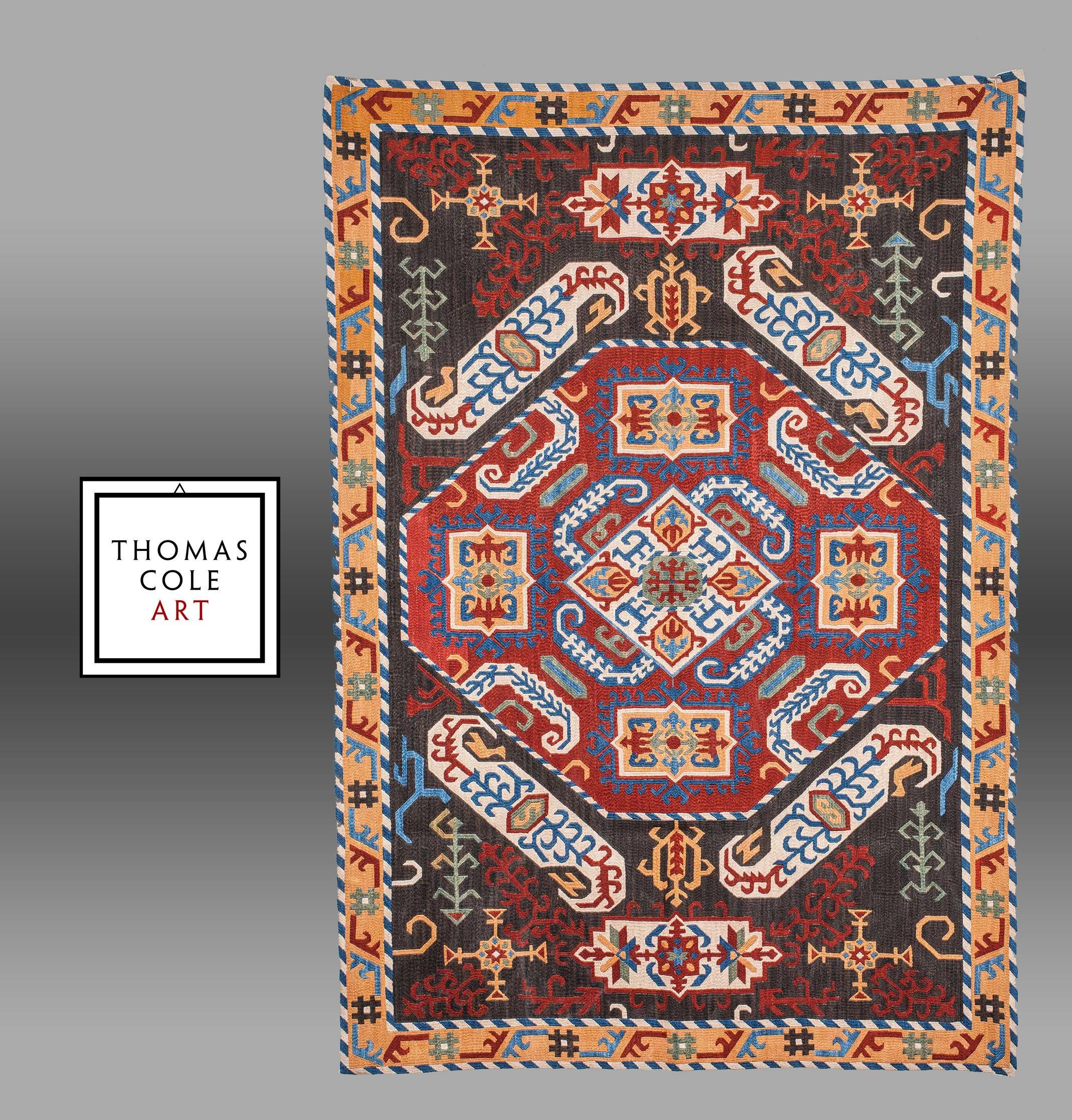 An incredibly beautiful embroidery, made in Armenia in an old style mimicking both designs and the colors of older Ottoman era textile art from the region.

The embroidery consists of pure silk thread embroidery on a cotton ground cloth. All the