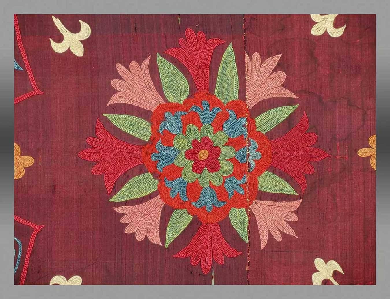 Silk Antique Uzbek Suzani or Embroidery, Central Asia, 19th Century For Sale