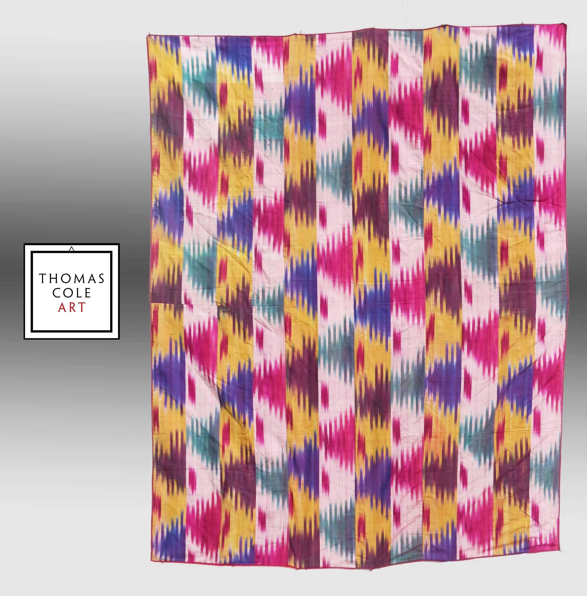 The process of ikat weaving is fascinating as each individual silk thread is dyed before the weaving process. The strands of silk are tied off and dip dyed in different dye baths, yielding multiple colors on a single strand of silk. Upon weaving,