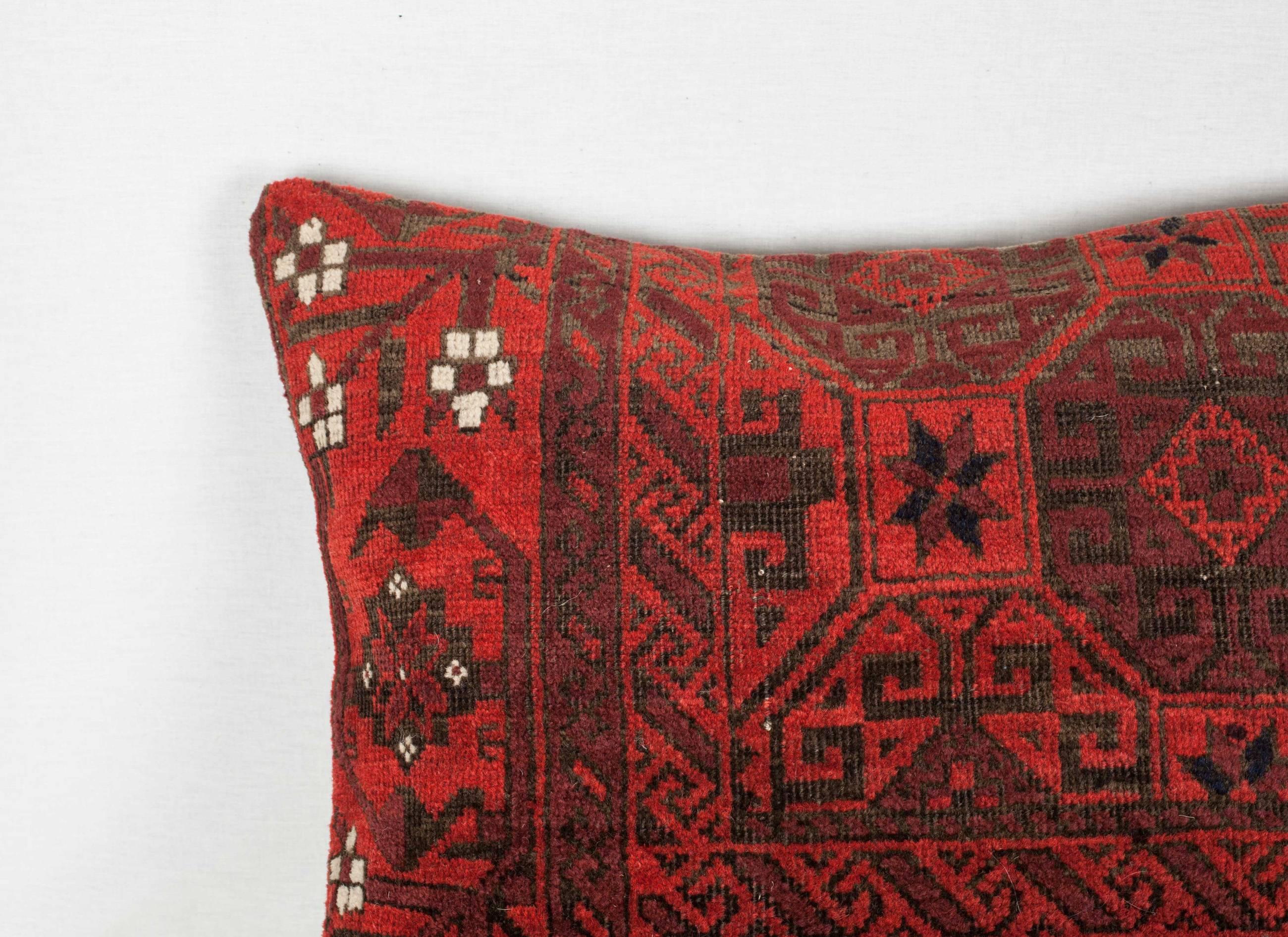 Linen Antique Baluch Persian Tribal Pillow, Unusual Design with Saturated Red Color