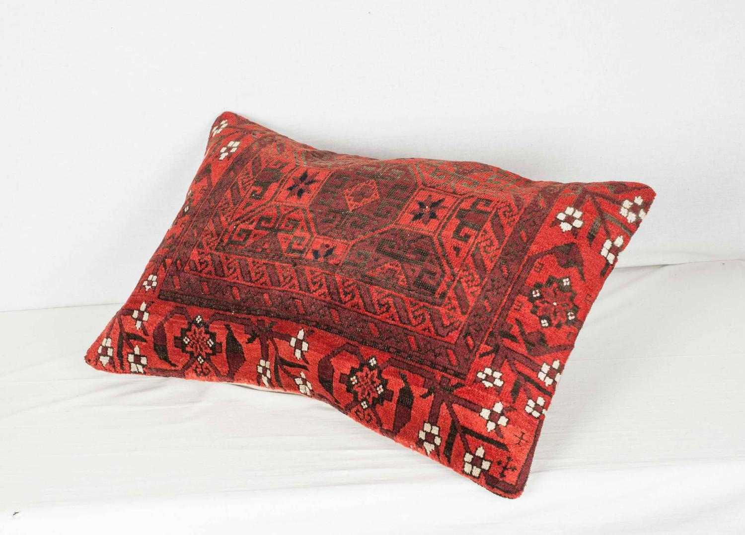 Antique Baluch Persian Tribal Pillow, Unusual Design with Saturated Red