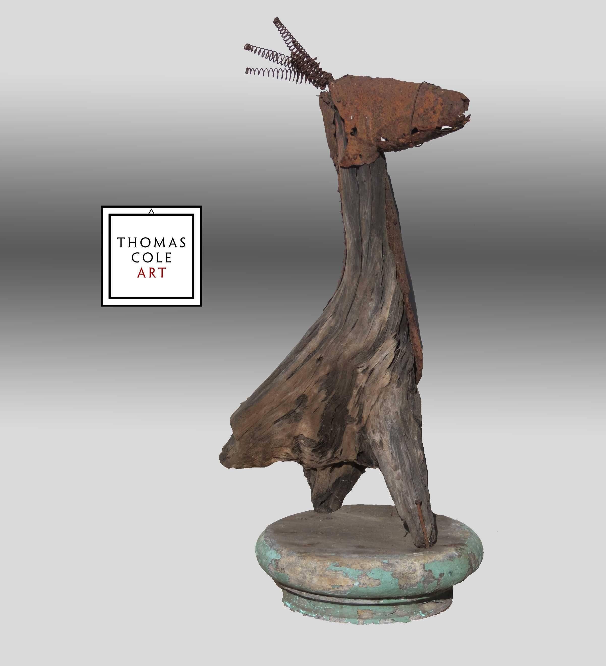 This found wood and metal sculpture is a transformational creature, somewhere between a bird and an animal. Such creatures have been created as sculptures and paintings by most ancient and tribal cultures since the Paleolithic era, and probably much