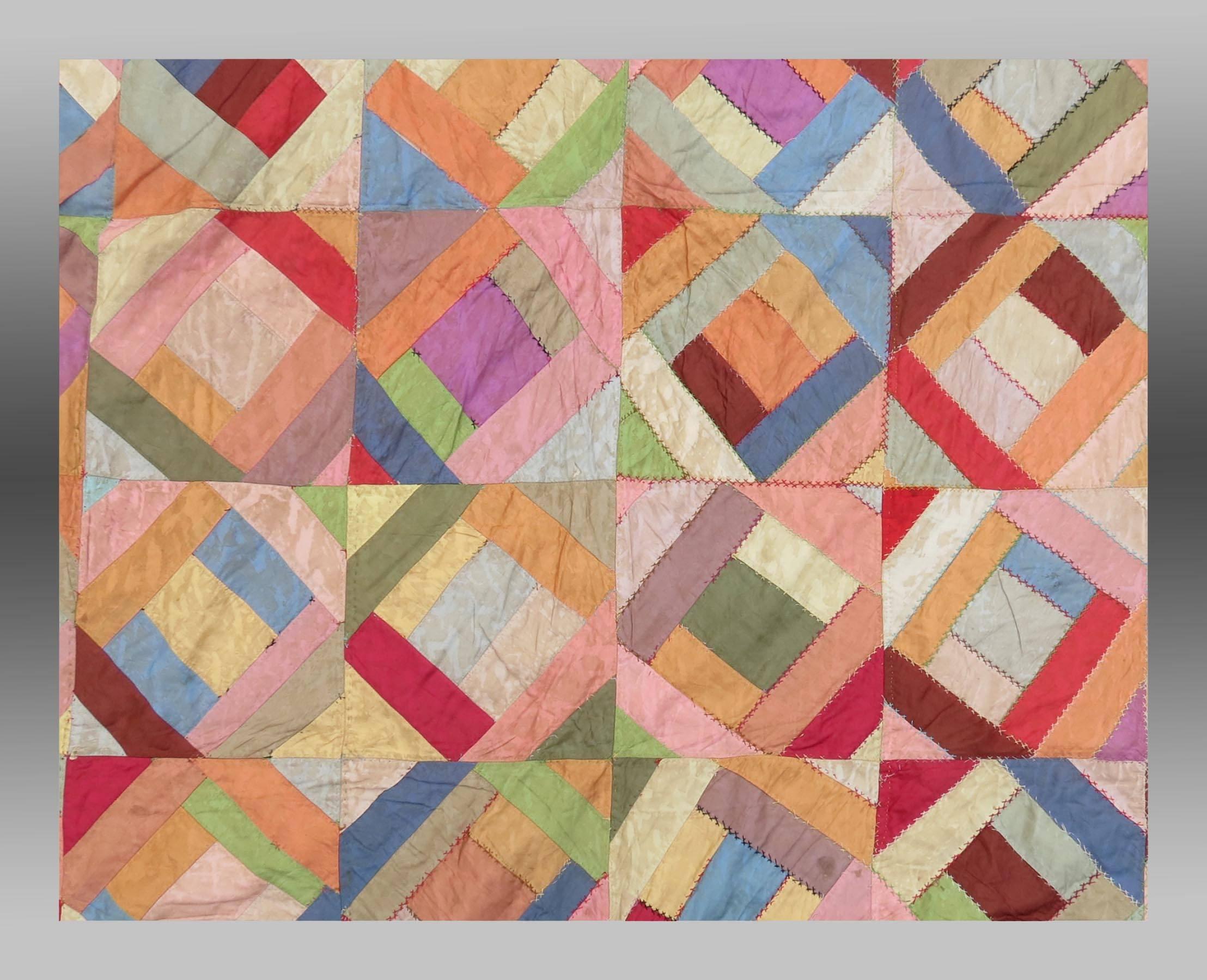 American Craftsman American Patchwork Quilted Silk Textile, Mid-20th Century For Sale