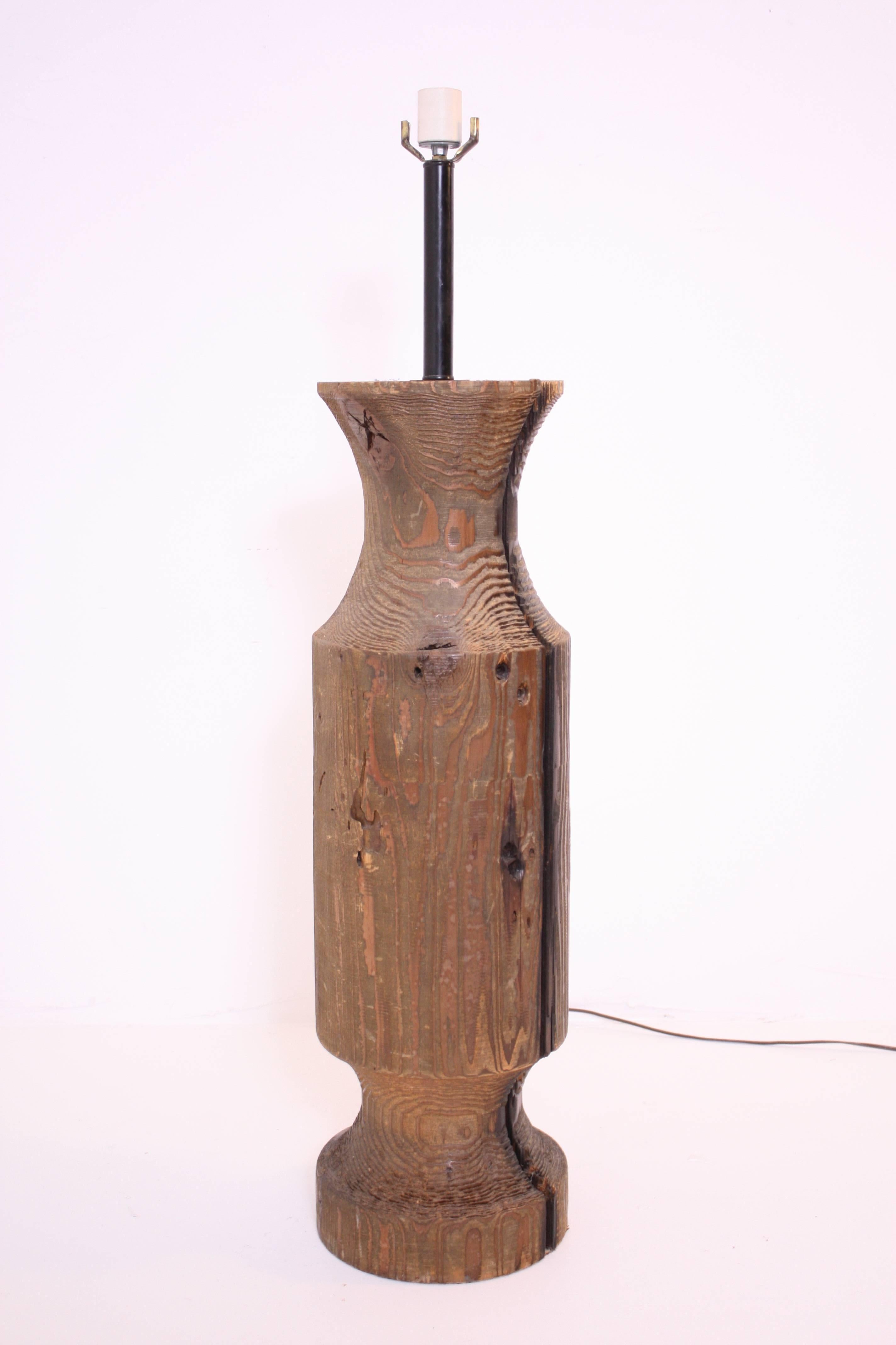 Large turned wood lamp with wonderful natural splits, knots and graining. From the curated collection Space 20th Century Modern.
