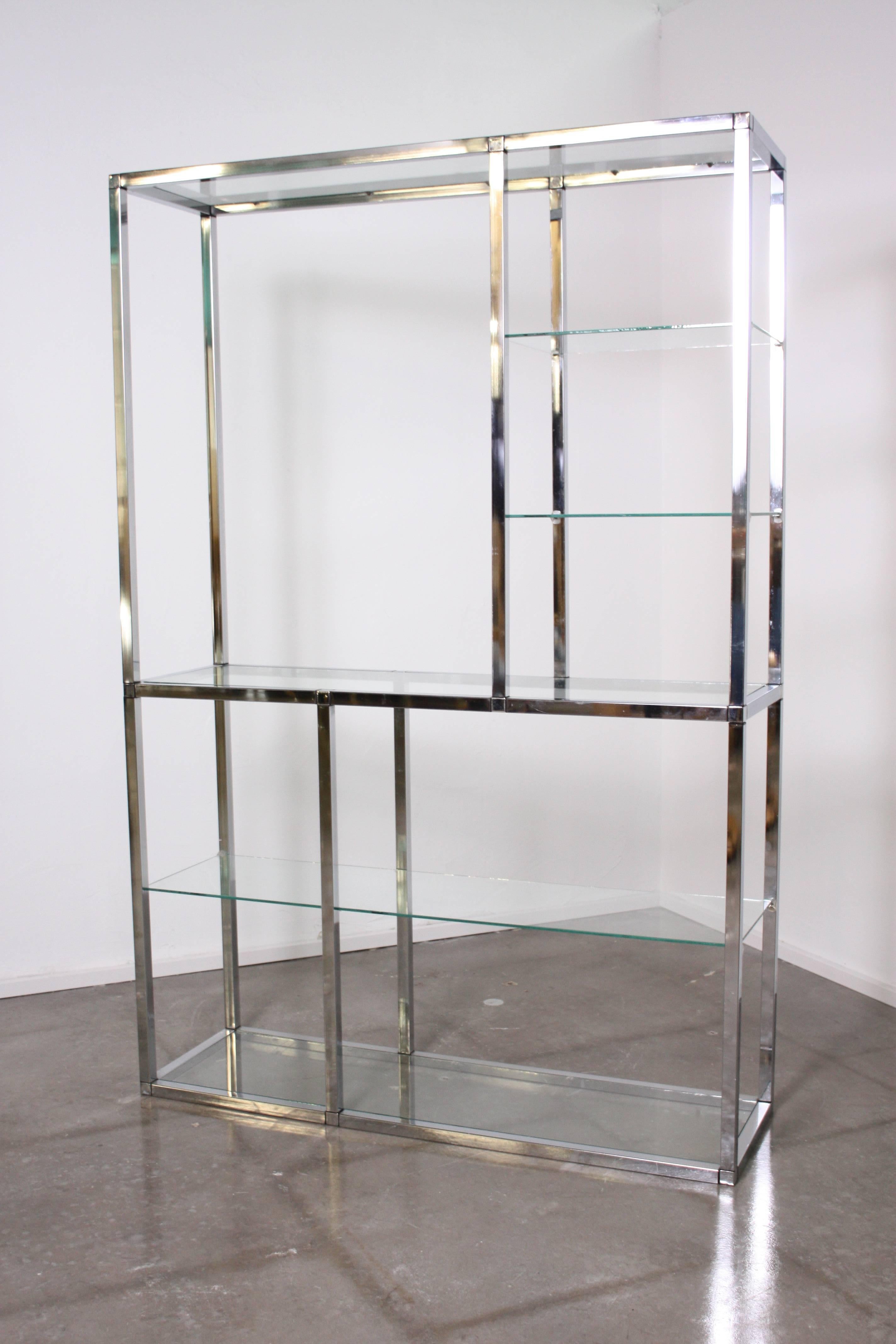 Glass and chrome etagere in the style of Milo Baughman. From the curated collection Space 20th Century Modern.