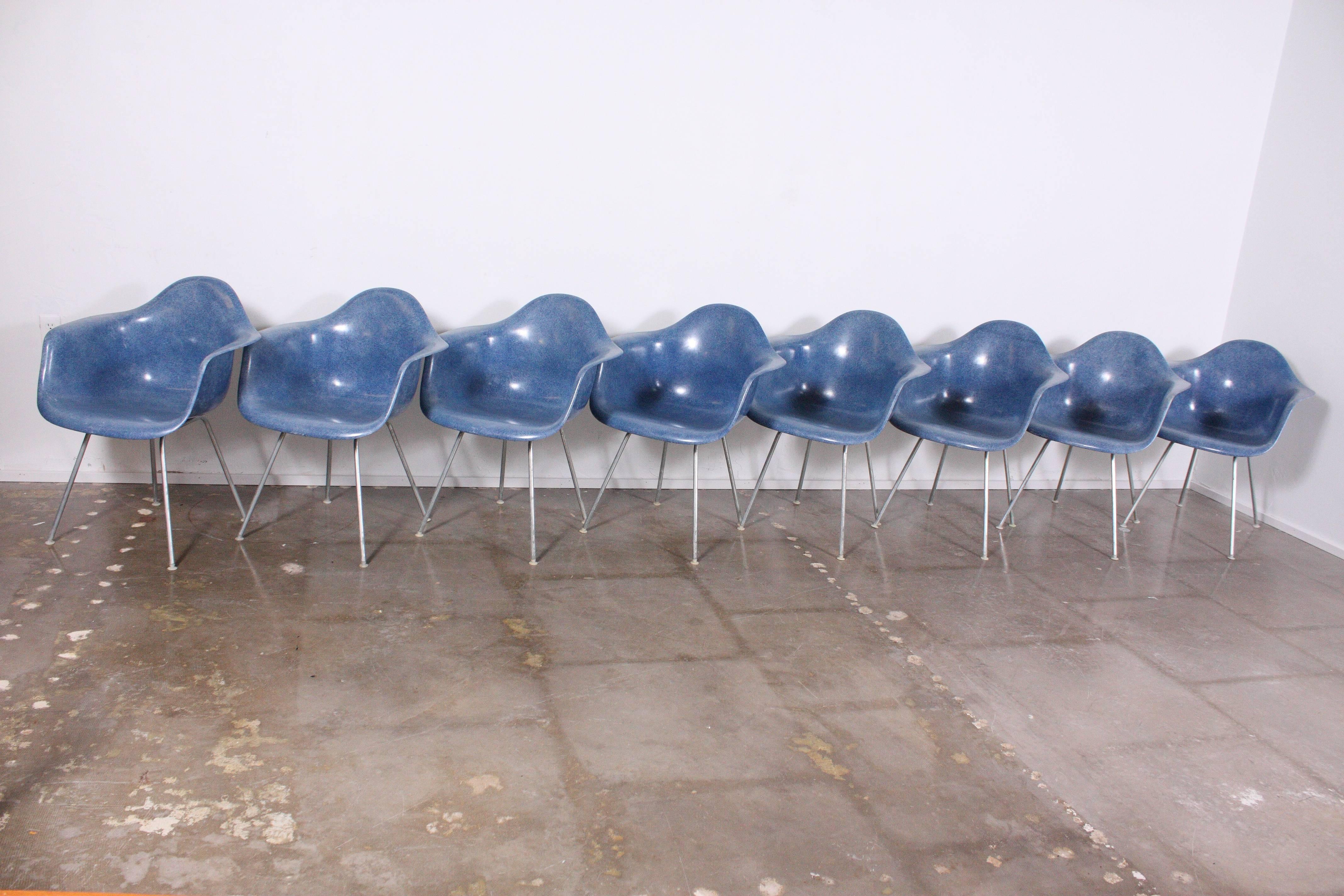 Rare Blue Fiberglass Shell Chairs by Charles Eames for Herman Miller In Good Condition In Oklahoma City, OK