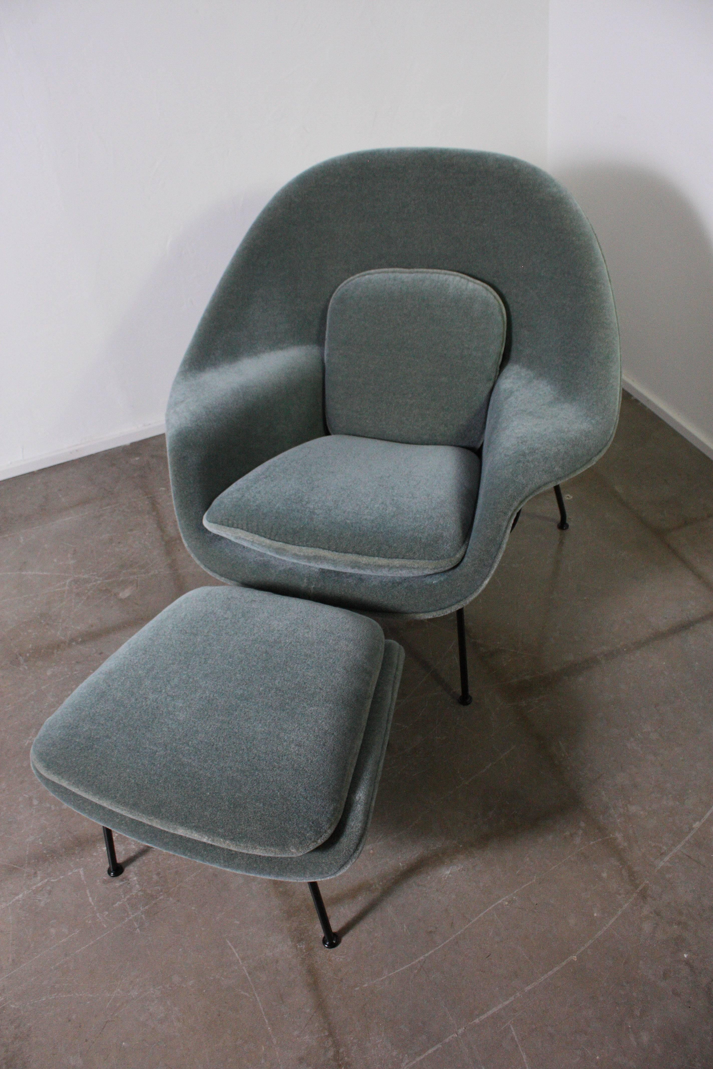Absolutely gorgeous womb chair and ottoman by Eero Saarinen for Knoll. This chair was custom ordered in Knoll Luxe Mohair Prima Mist/Beige with a black base. The price listed is for a single chair and ottoman. Be sure and check out space 20th