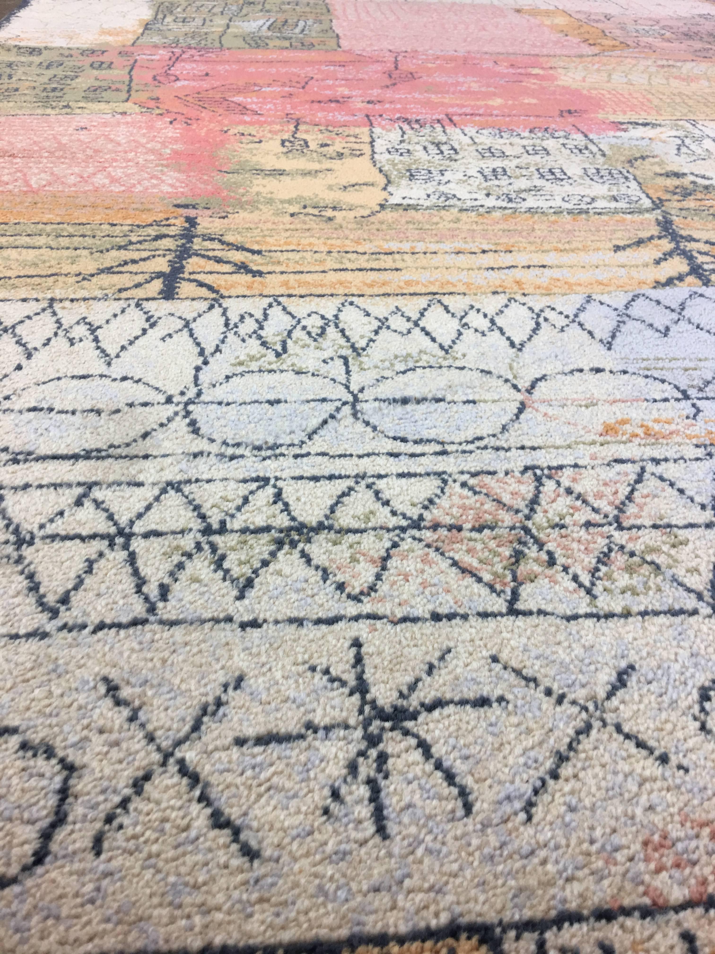 Phenomenal large area rug design after Paul Klee manufactured by Ege Axminster A/S. This the larger of two matching rugs we have available. Rug has been professionally cleaned by renowned rug cleaner Robert Mann of Denver, Co. Measures:
