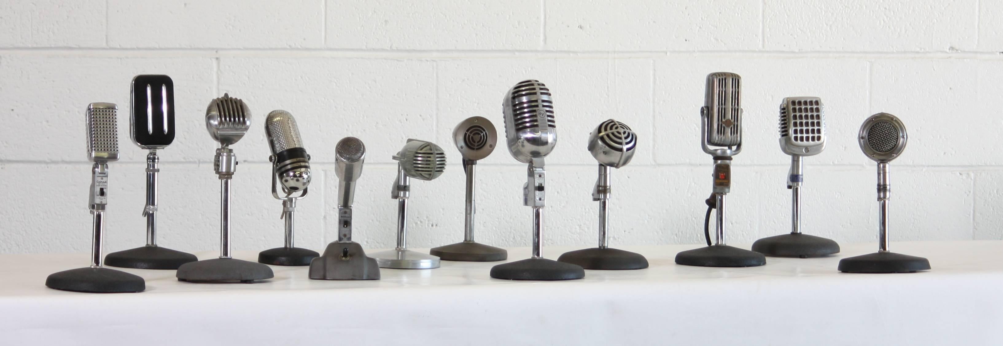 Amazing collection of 12 different Mid-Century radio microphones. From the curated collection Space 20th Century Modern.

Calrad
Amperite
Electrovoice
Turner crystal
Shure 
Astatic
Monoplex.
   
